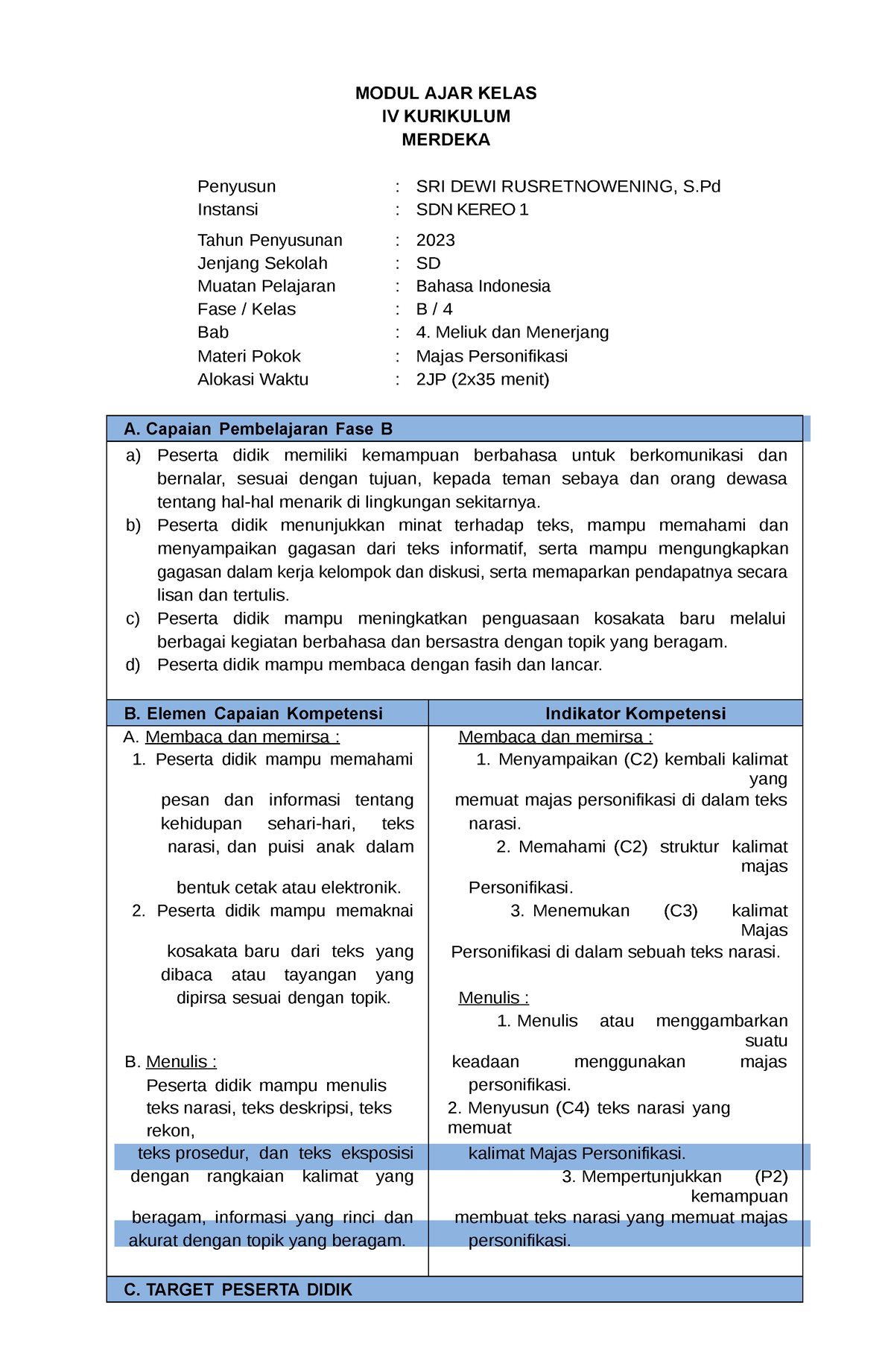 Modul Ajar B. Indonesia Kelas 4 - MODUL AJAR KELAS IV KURIKULUM MERDEKA ...