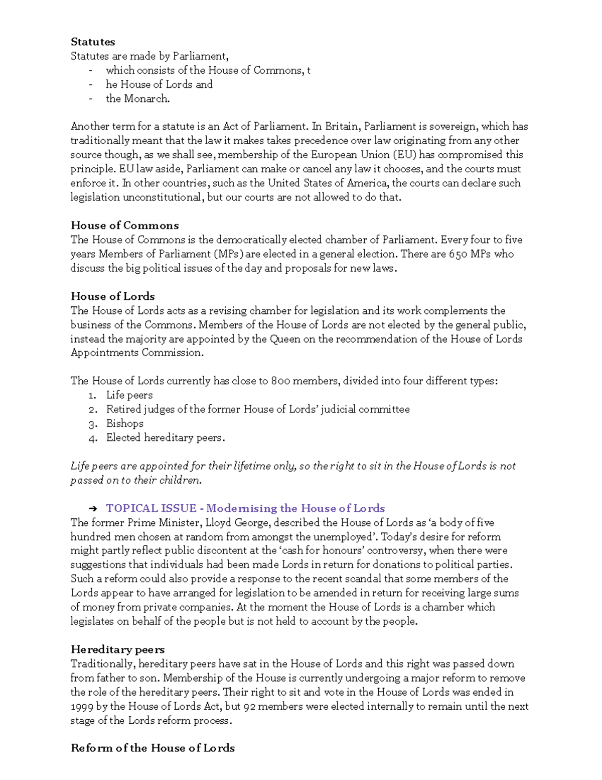 Statutes, House of commons/Lords, and potential reform Statutes