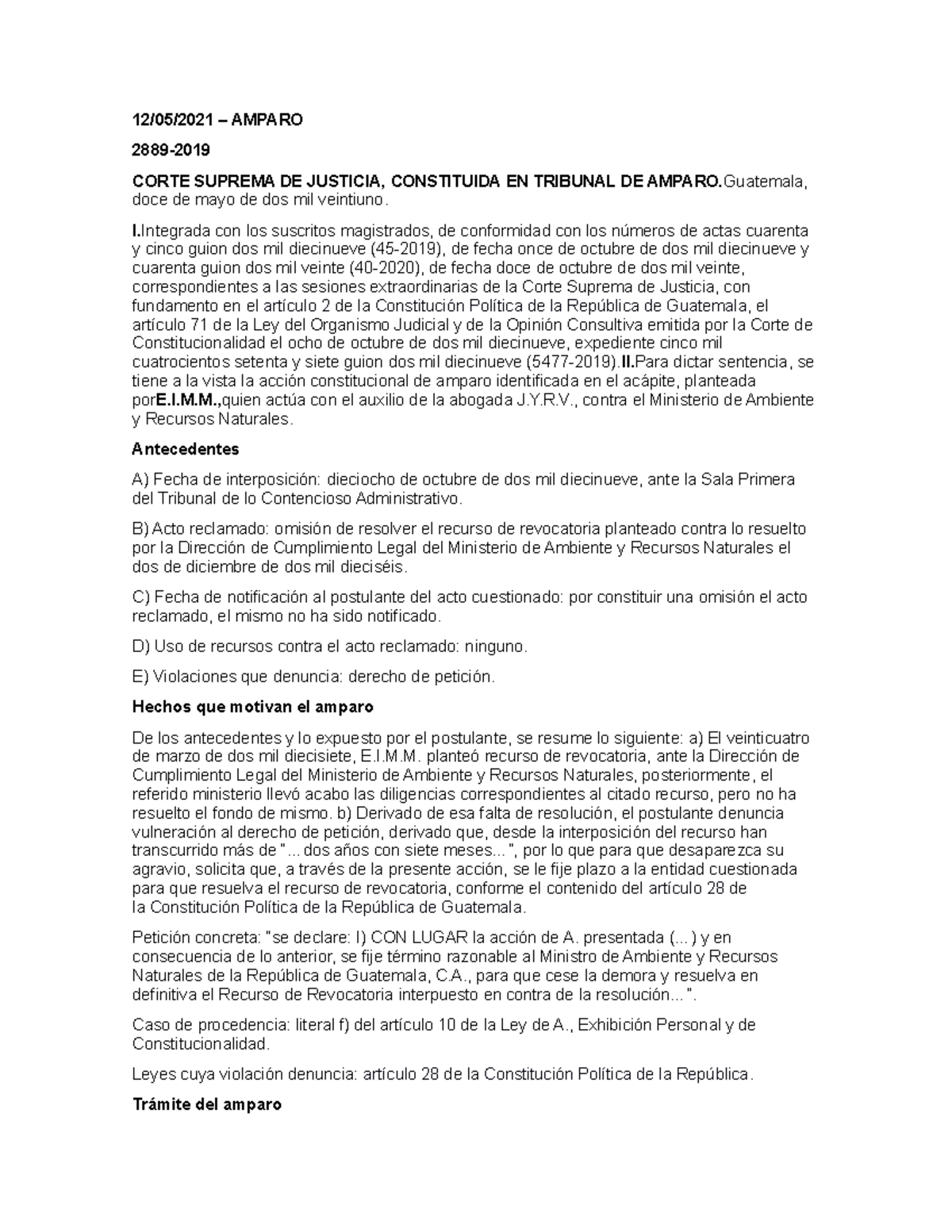 Amparo - 12/05/2021 – AMPARO 2889- CORTE SUPREMA DE JUSTICIA ...