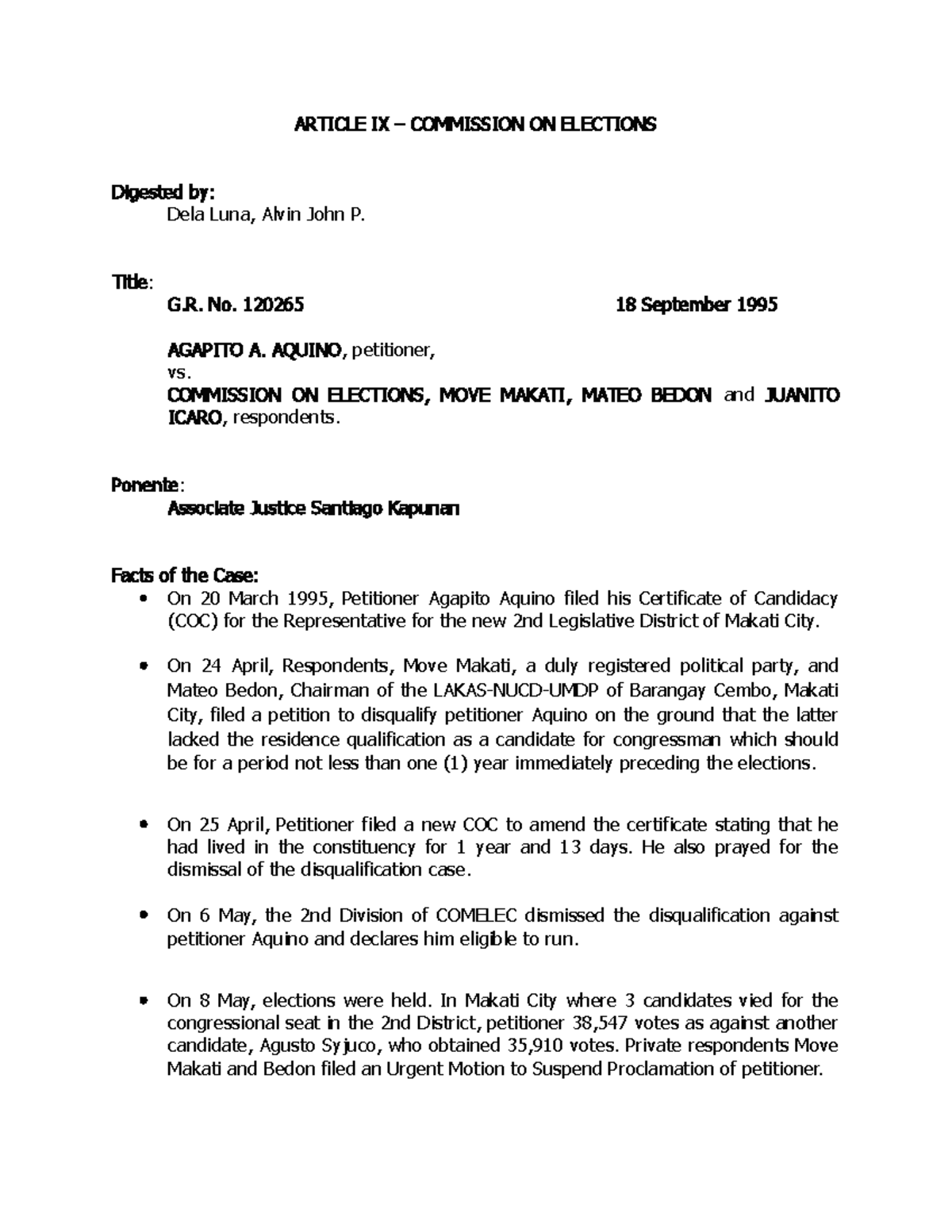 1065 Aquino v. Comelec Case digest ARTICLE IX COMMISSION ON