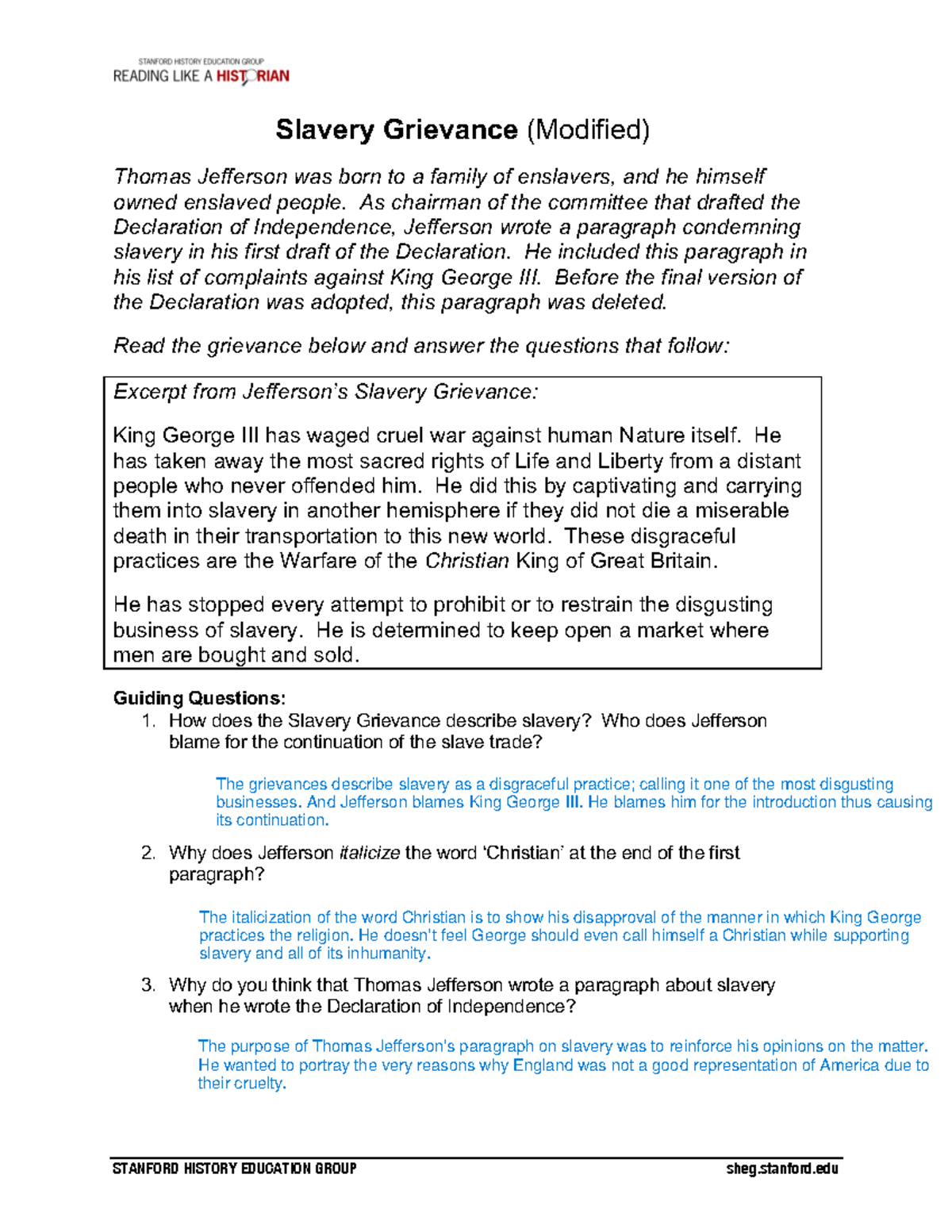 RLAF slavery document Slavery Grievance (Modified) Thomas Jefferson