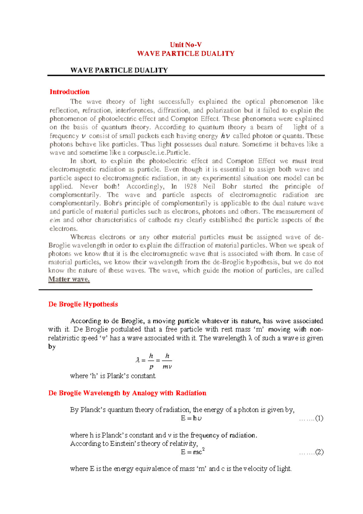 Unit III Notes Eng Physics - Unit No-V WAVE PARTICLE DUALITY WAVE ...