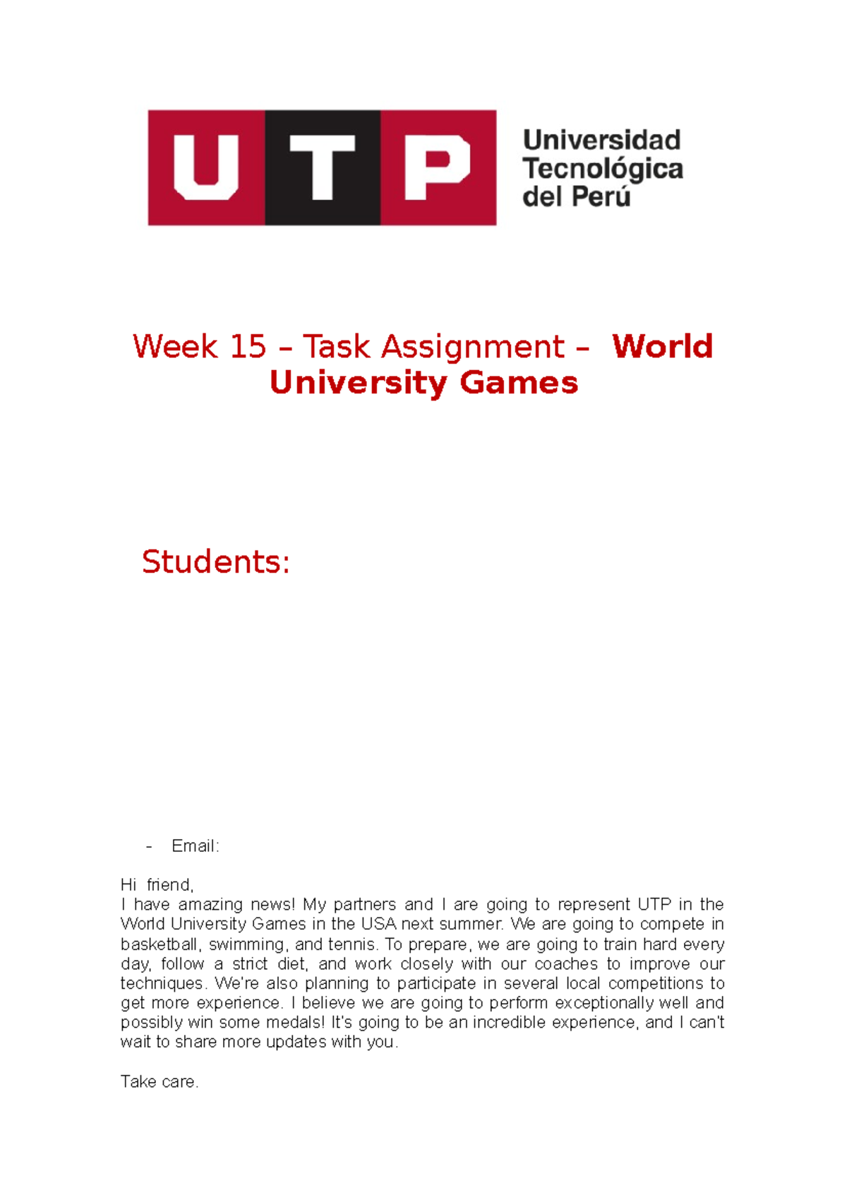 Task 15 - vacaciones - Week 15 – Task Assignment – World University ...