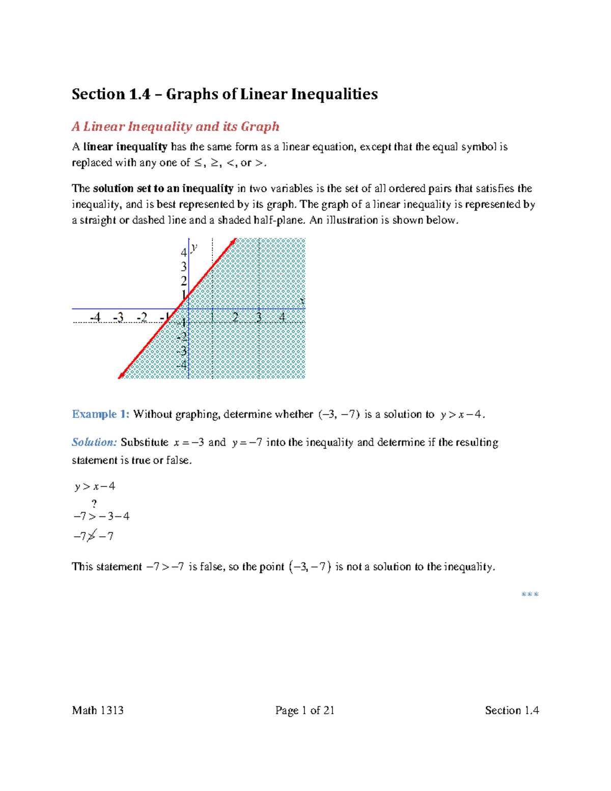 Graphs Of Linear Inequalities Section 1 4 Math 1313 Uh Studocu