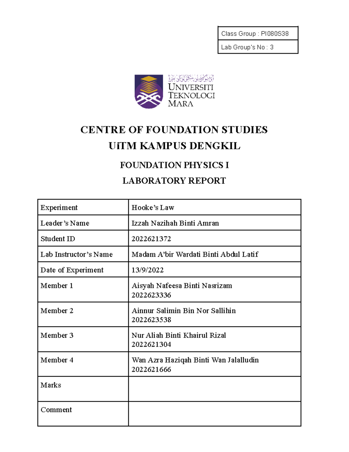 Lab Report Physics Exp 2 (group 3) Class Group PI080S Lab Group’s
