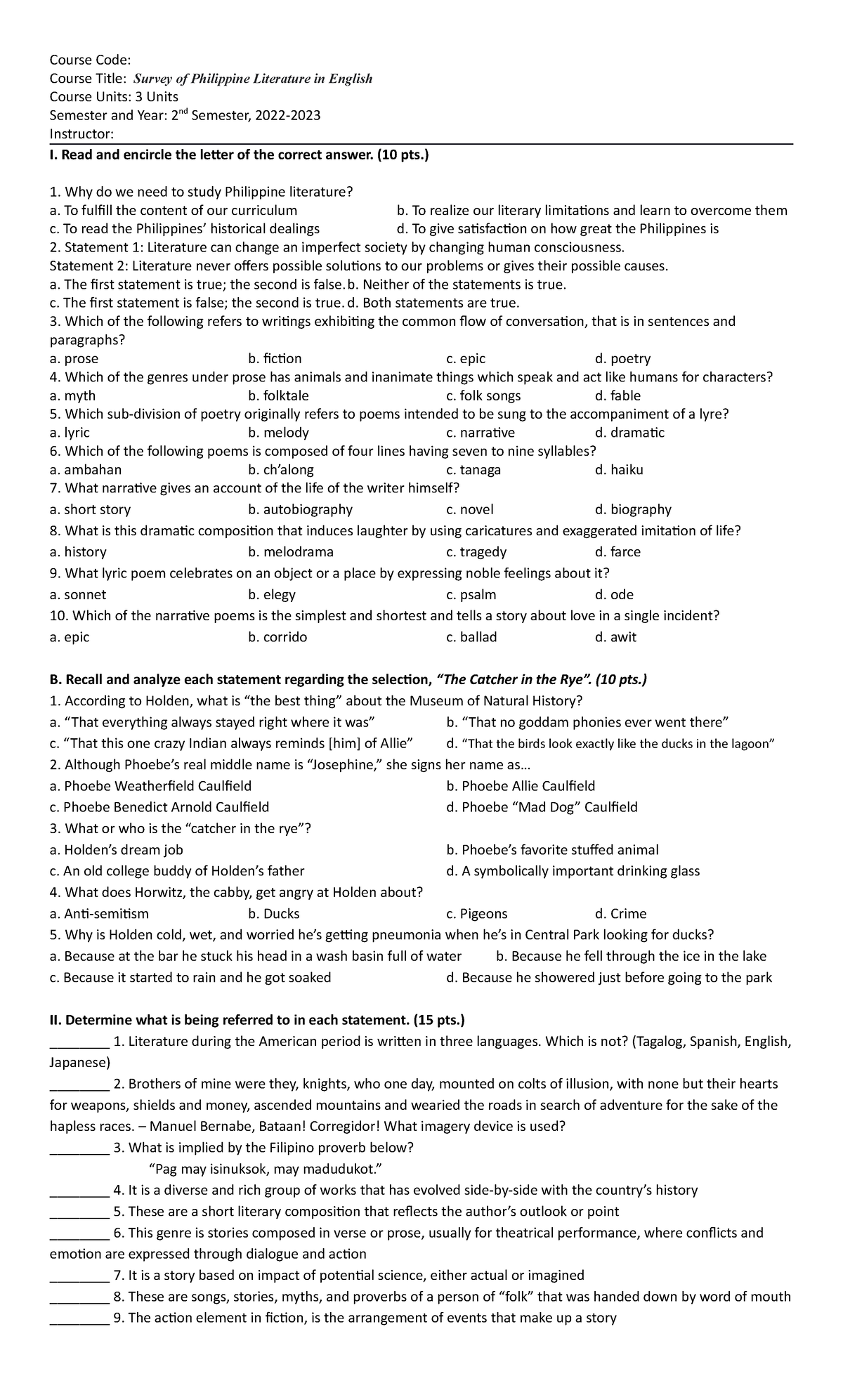 LIT 3 - Prelim Test Questionnaire - Course Code: Course Title: Survey ...