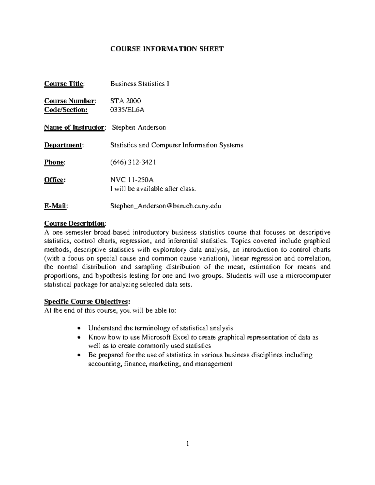 Statistics for Managers Using Microsoft Excel - COURSE INFORMATION ...