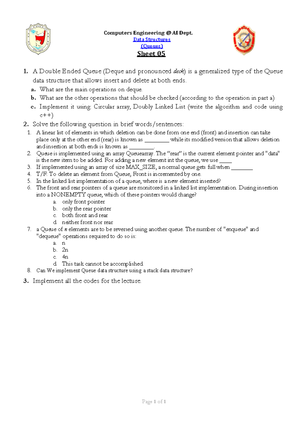 Sheet 05 Queues - Page 1 of 1 Computers Engineering @ AI Dept. Data ...
