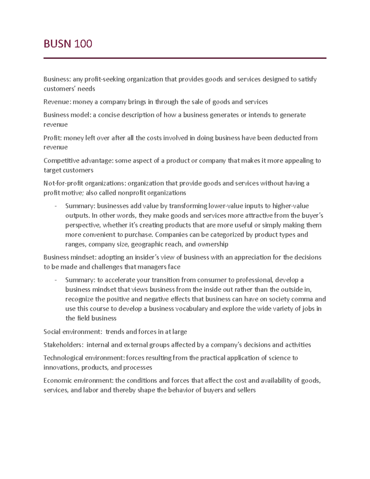BUSN 100 notes chapter 1 - BUSN 100 Business: any profit-seeking ...