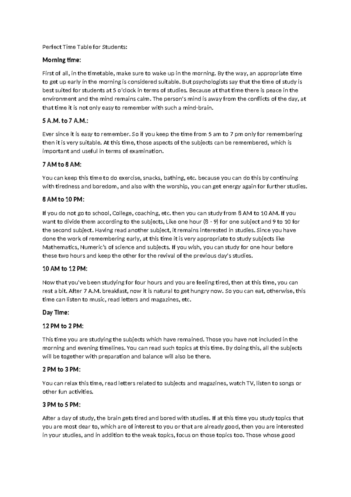 Perfect time table for students perfect time table for students
