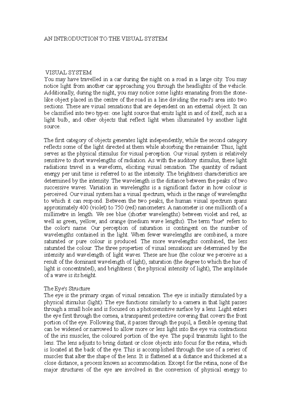 AN Introduction TO THE Visual System - AN INTRODUCTION TO THE VISUAL ...
