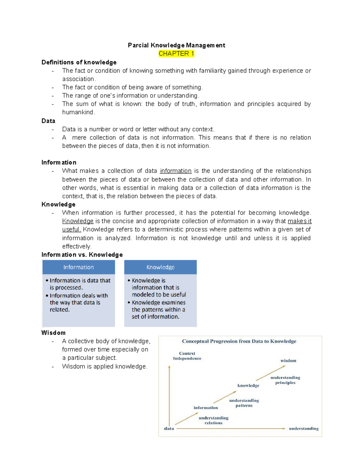 Examen Parcial KM - Parcial Knowledge Management CHAPTER 1 Definitions ...