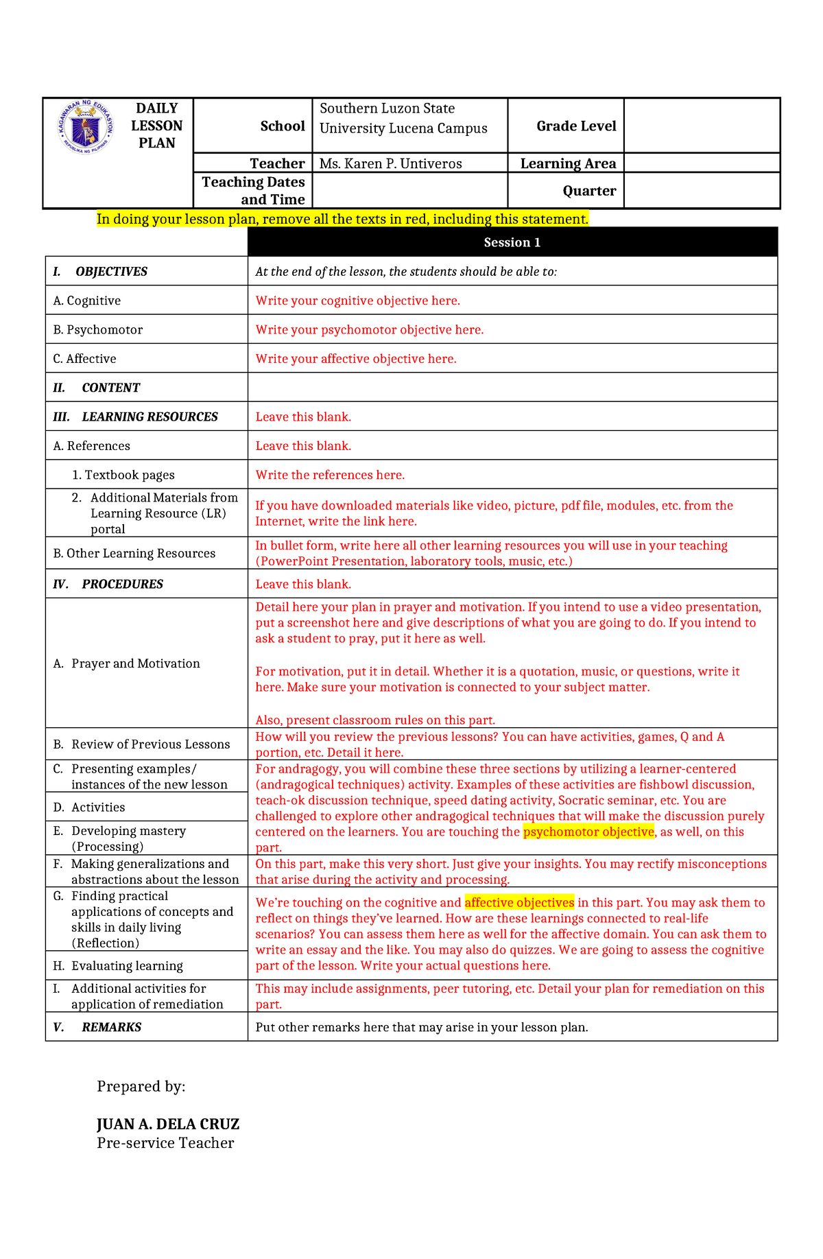 Lesson Plan Template with explanation for Andragogy - DAILY LESSON PLAN ...