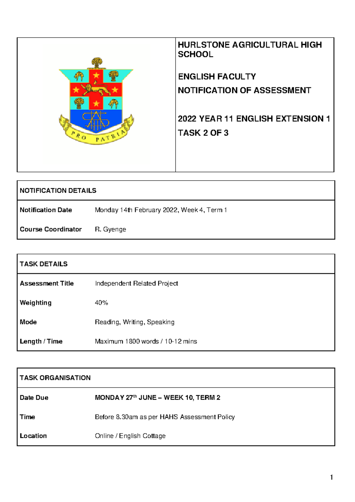 2022 Extension 1 IRP Notification HURLSTONE AGRICULTURAL HIGH SCHOOL