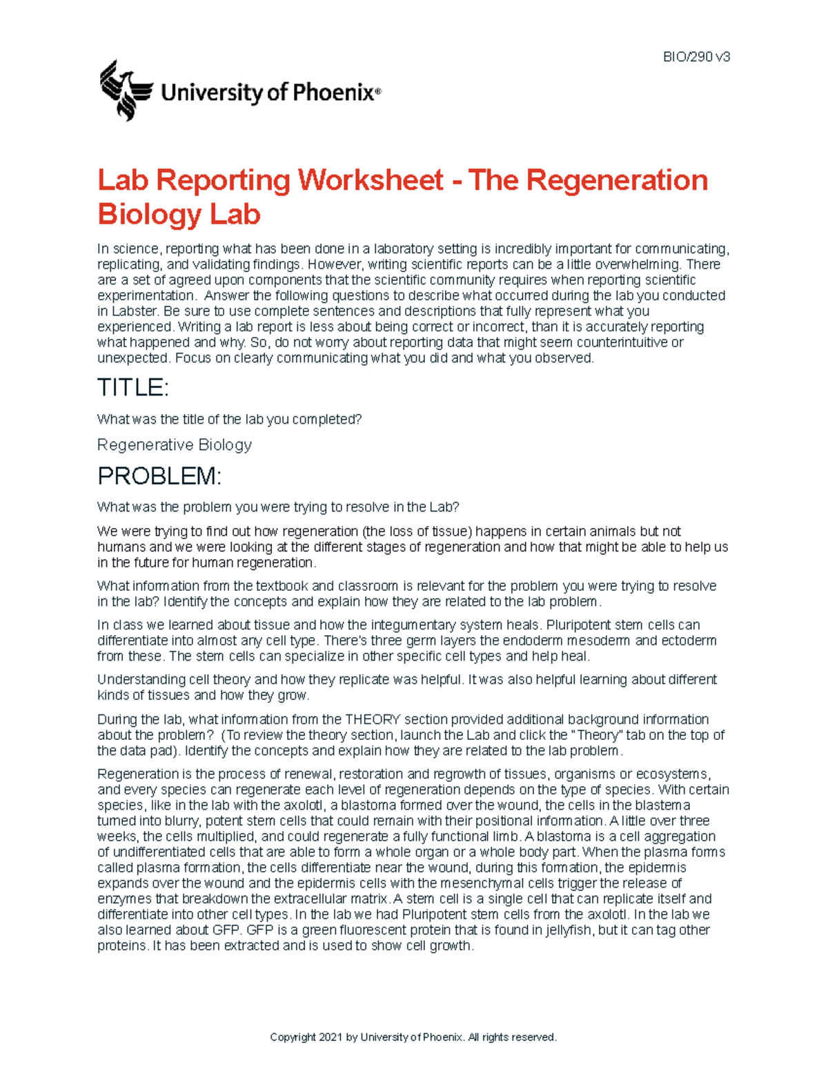 Bio290 v3 wk3 the regeneration biology lab - BIO/290 v Lab Reporting ...