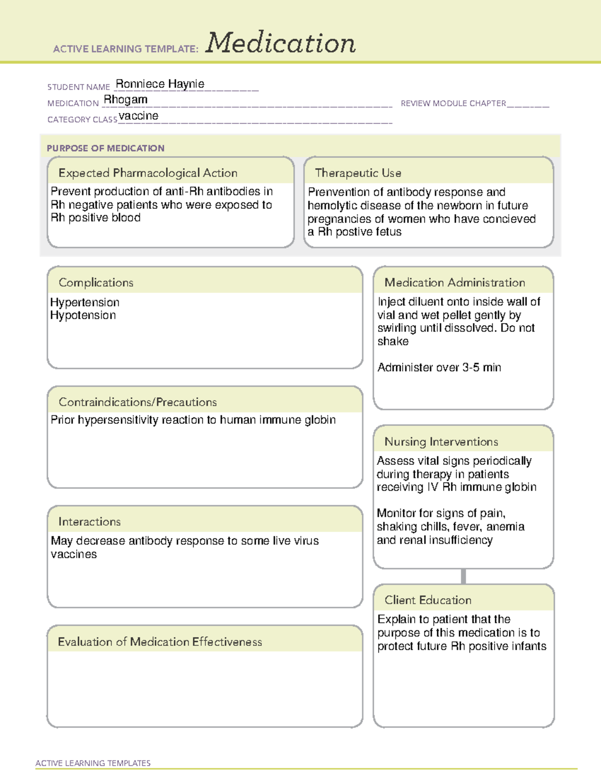 Medication Sheet- Rhogam Pre Clinical - ACTIVE LEARNING TEMPLATES ...