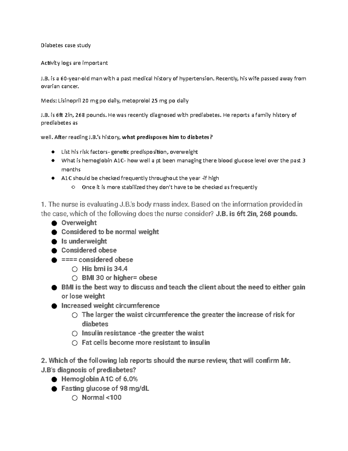 Diabetes case study medsurg 1 notes mcweeney Diabetes case study