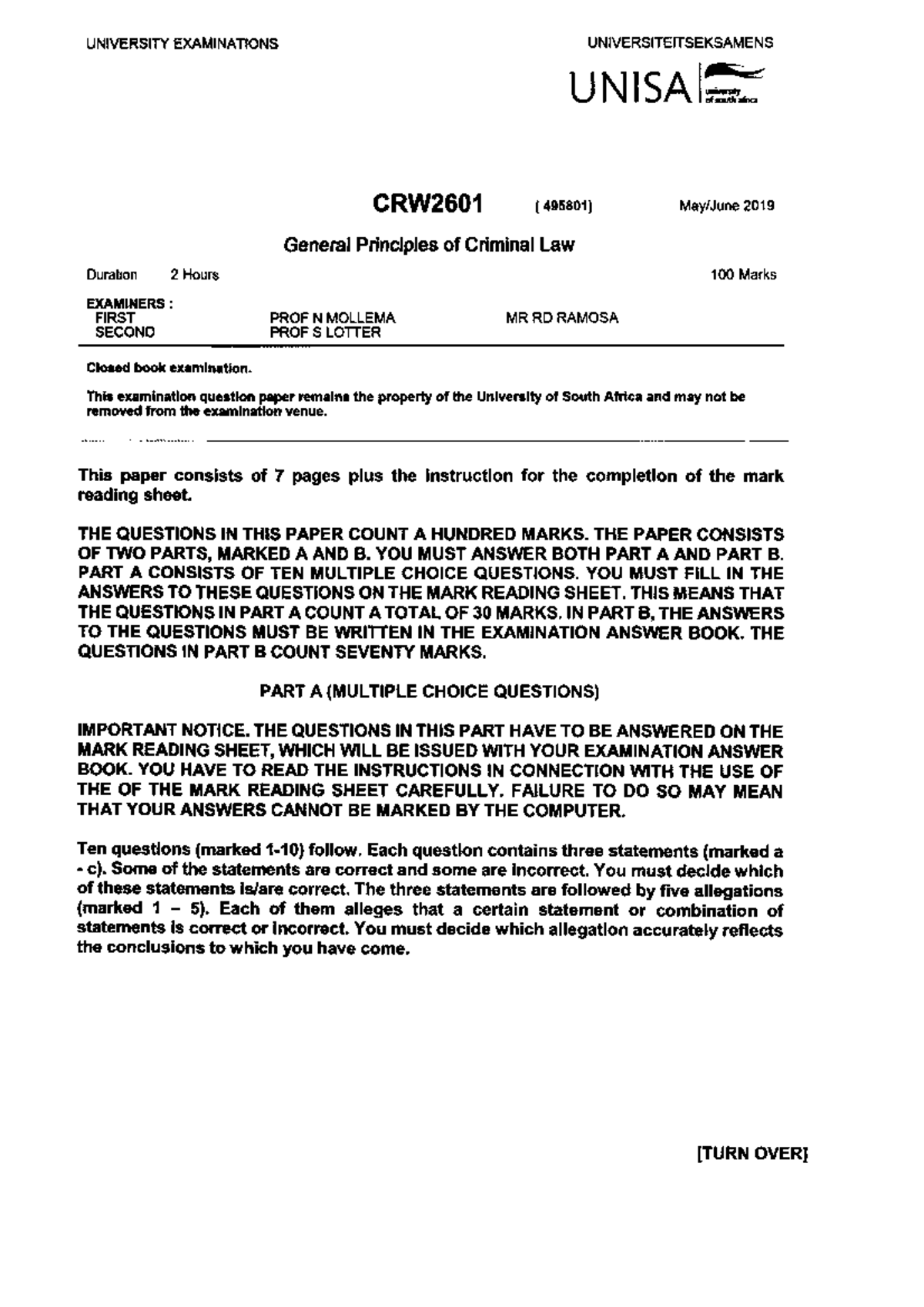 Exam 1 June 2019, questions - CRW2601 - Studocu