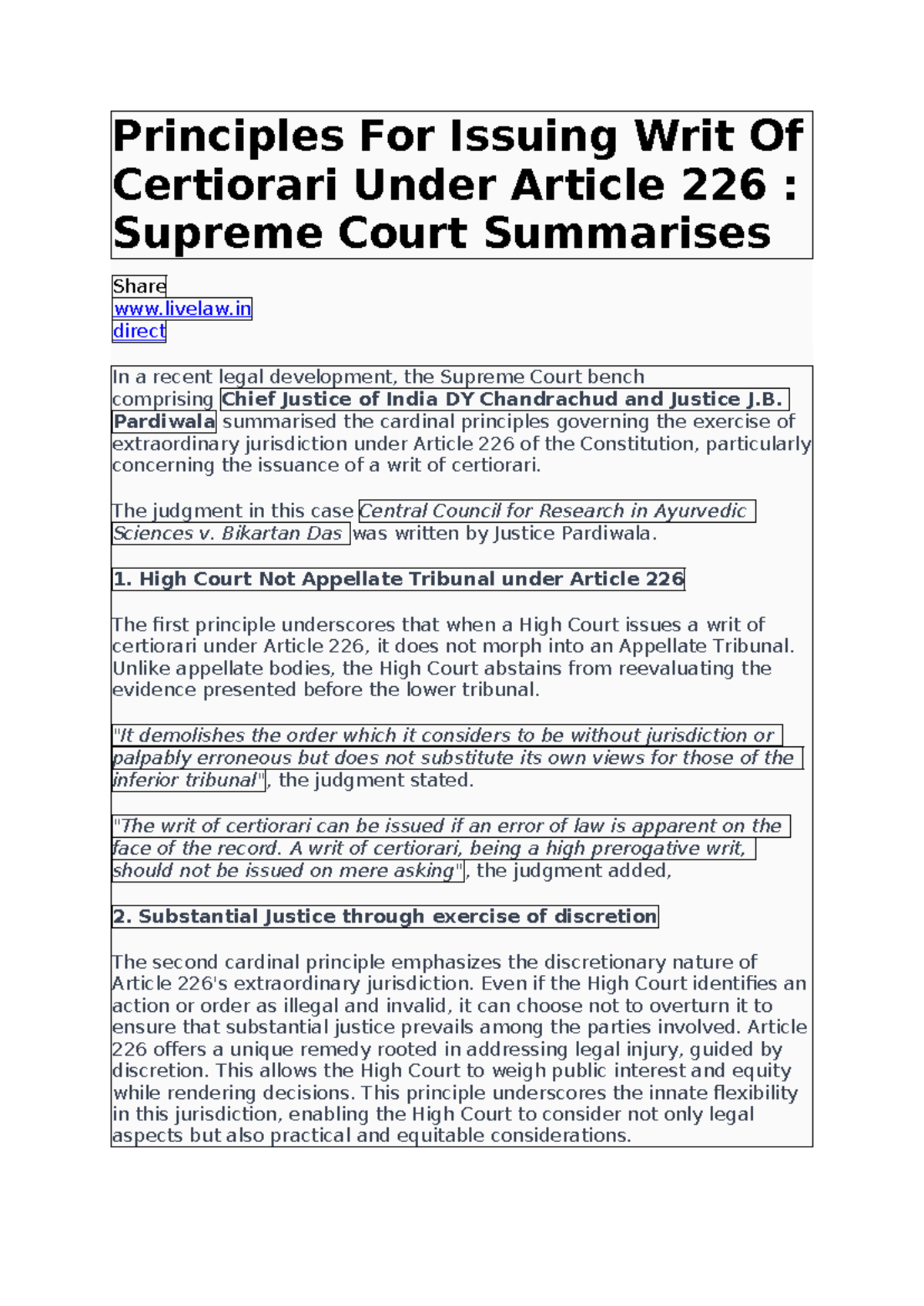 Principles For Issuing Writ Of Certiorari Under Article 226 - Pardiwala ...