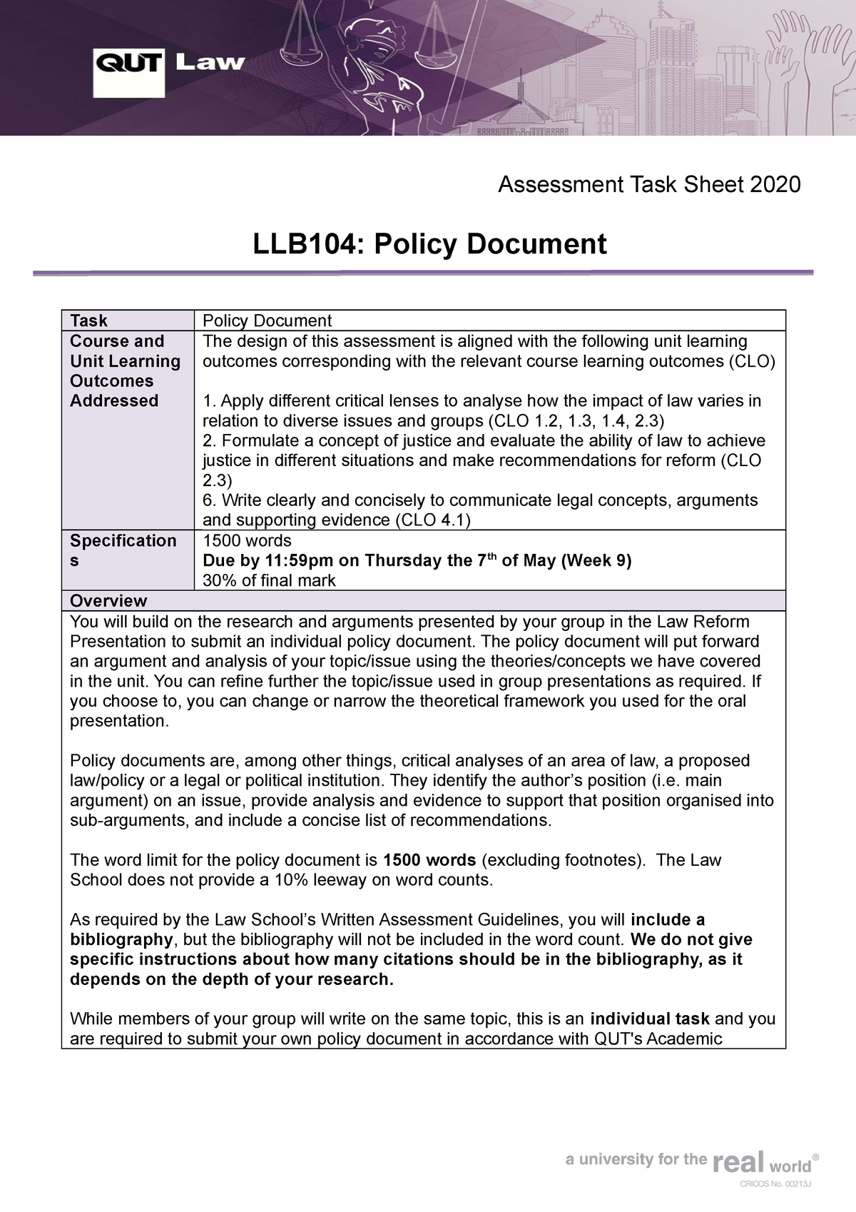 Policy Document- Task Sheet & CRA 25(25) - LLB2504 - Contemporary