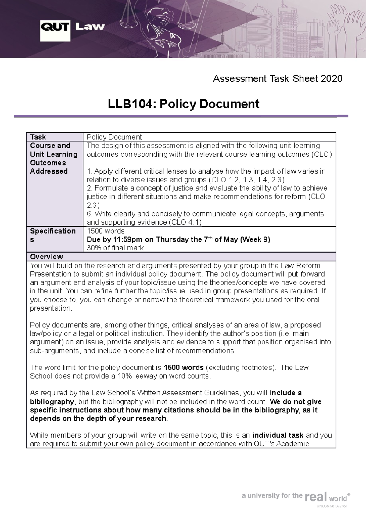 Policy Document- Task Sheet & CRA 25(25) - LLB2504 - Contemporary