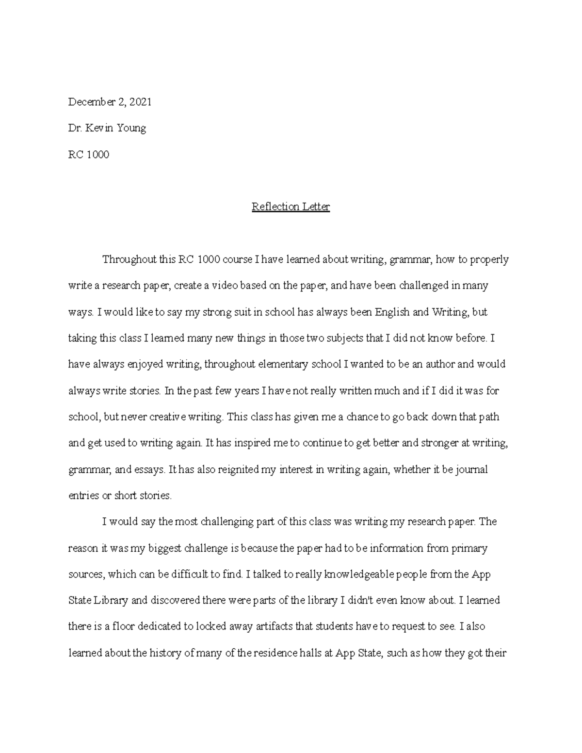 Reflection Letter - December 2, 2021 Dr. Kevin Young RC 1000 Reflection ...