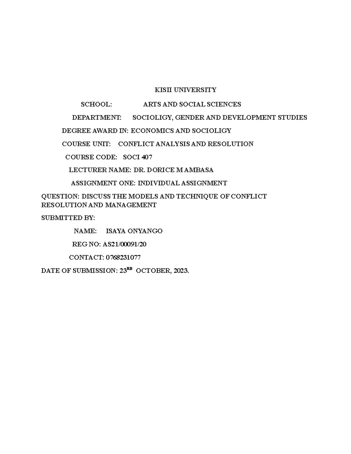 SOCI 407 Assignment KISII UNIVERSITY SCHOOL ARTS AND SOCIAL SCIENCES