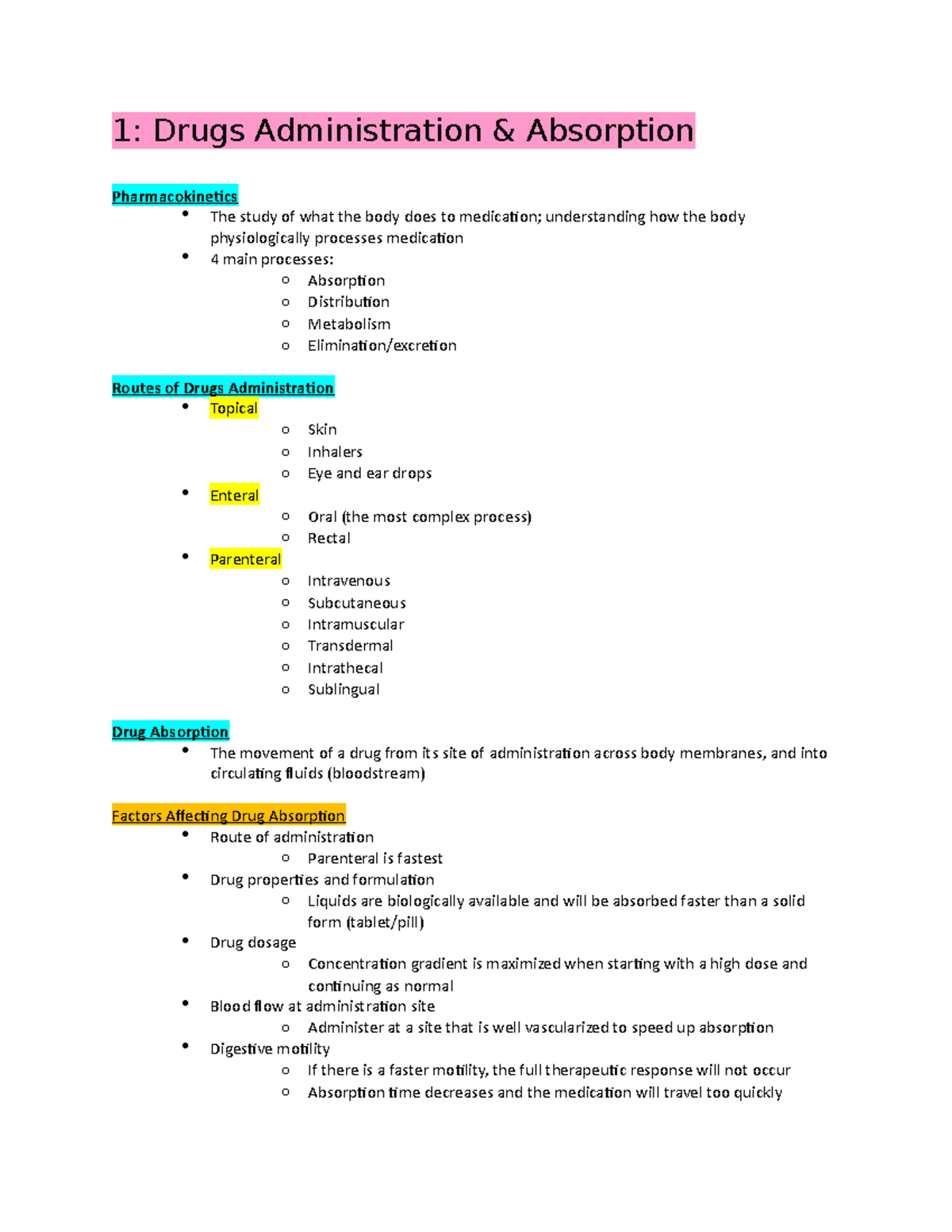 Lecture 1 Notes - 1: Drugs Administration & Absorption Pharmacokinetics ...