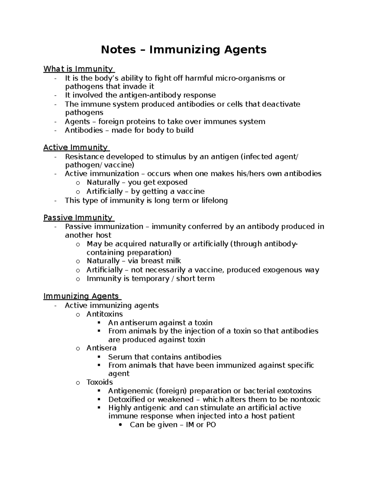 Notes - T2 . Immunizing Agents - Notes – Immunizing Agents What is ...