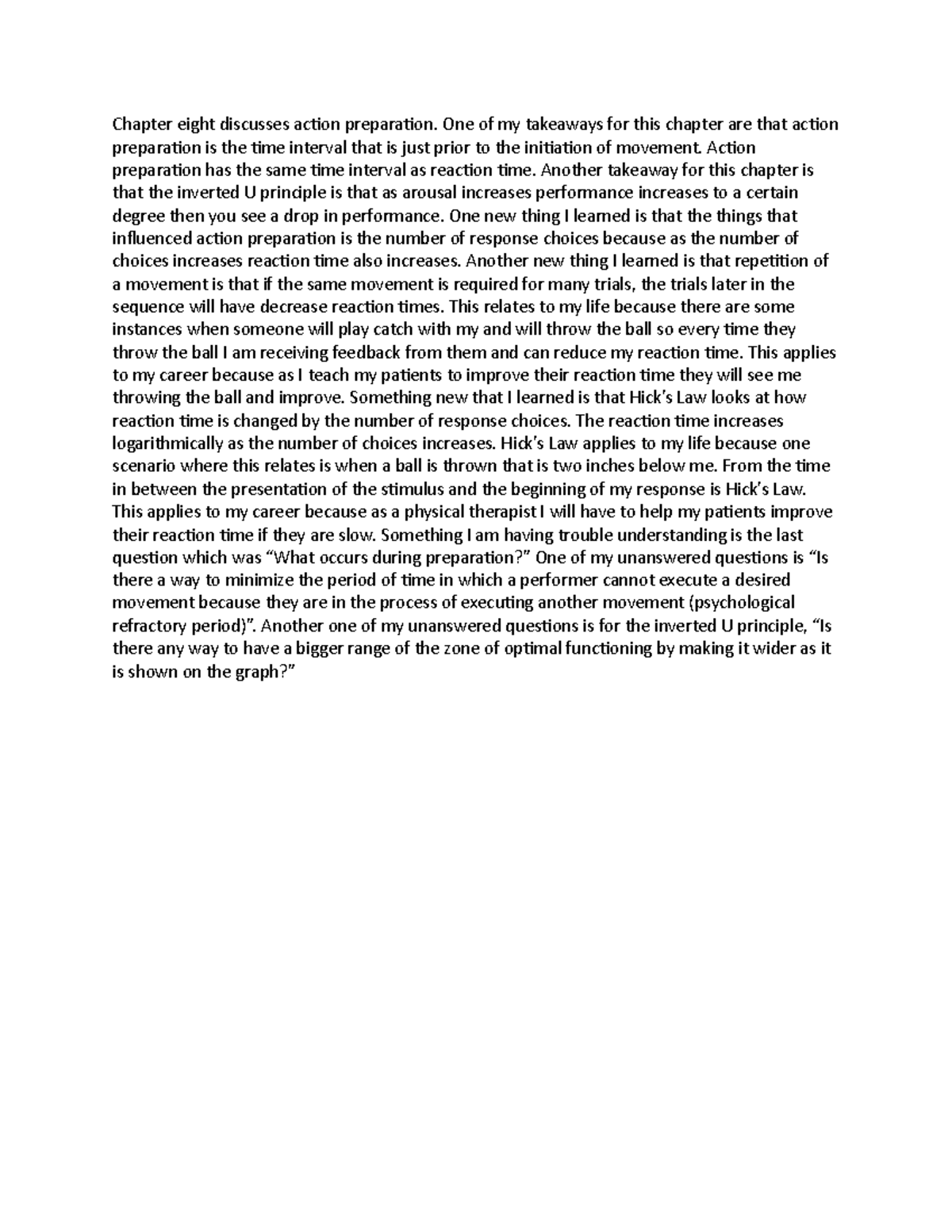 Kinesiology 290 Chapter 8 Reflection - Chapter eight discusses action ...