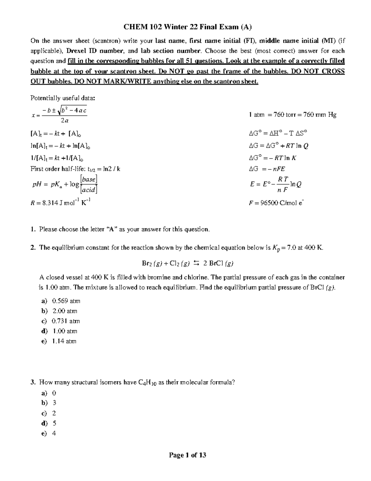 Final Exam Chem 102 Winter 2022 W. Answers Key - Chem 102 Winter 22 