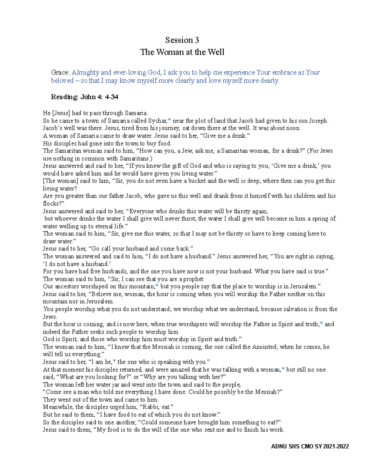 Session 3 The Woman at the Well Session 3 The Woman at the Well GraceAlmighty and everloving