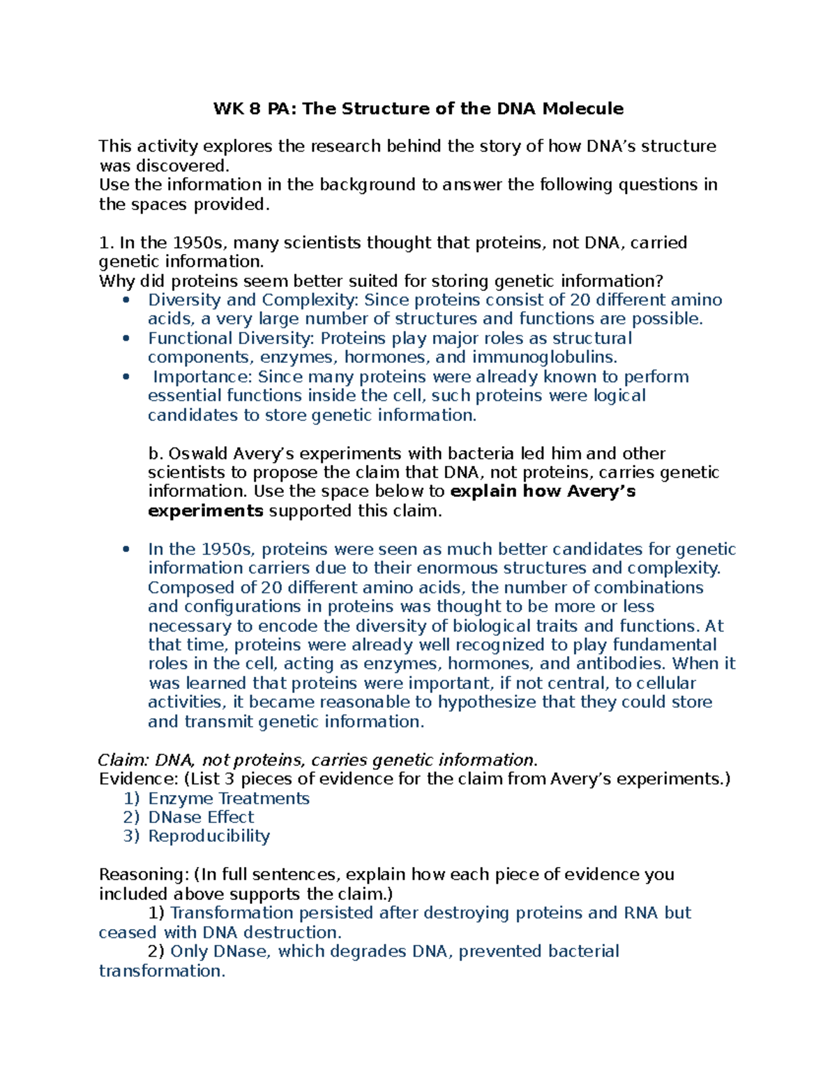 WK8 PA worksheet - Practice - WK 8 PA: The Structure of the DNA ...