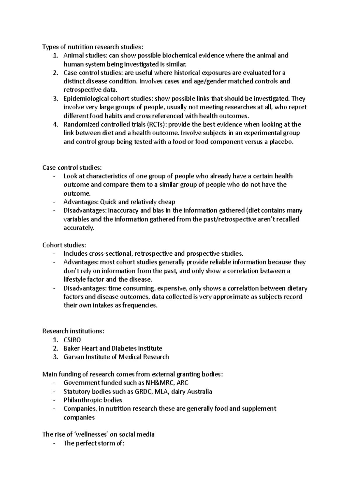 Advanced Topics IN FOOD Notes - Types of nutrition research studies: 1 ...