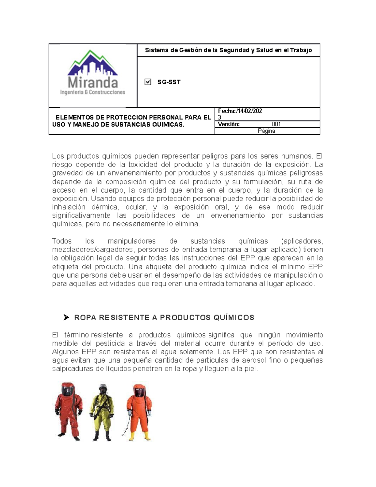 Epp productos quimicos - Sistema de Gestión de la Seguridad y Salud en ...