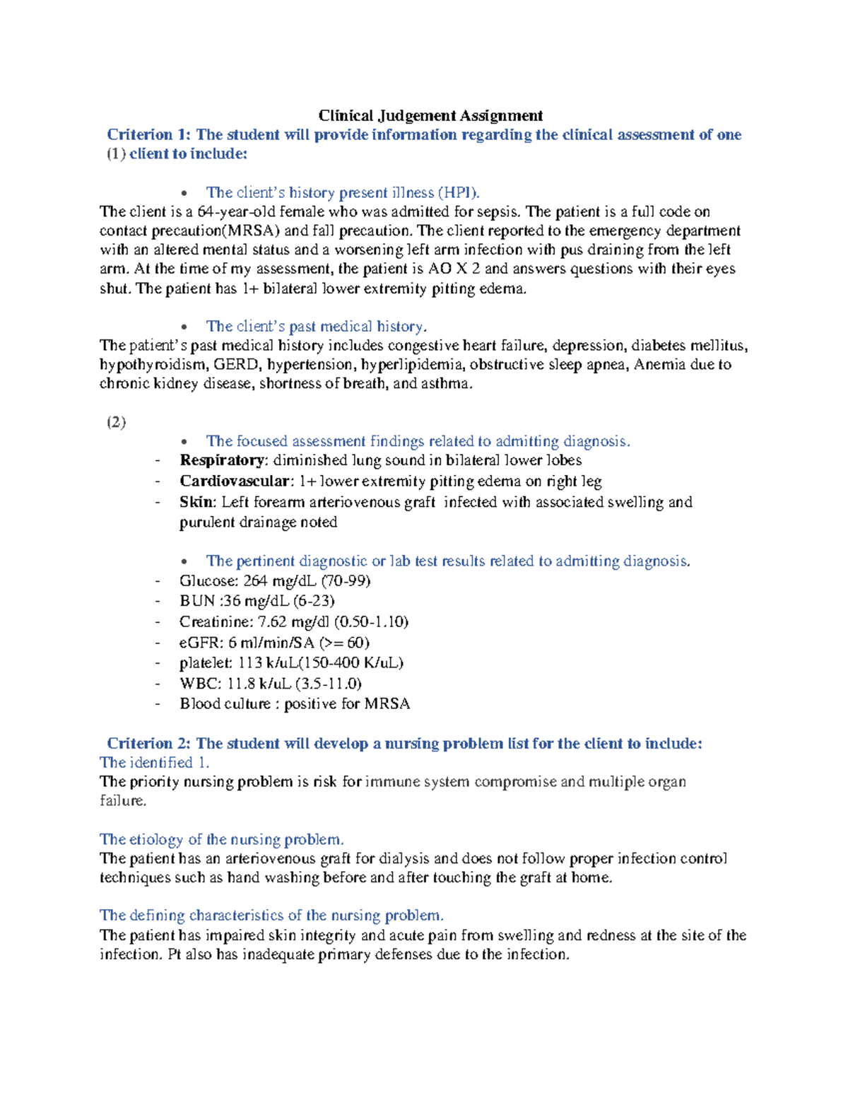 3-clinical judgement paper - Clinical Judgement Assignment Criterion 1