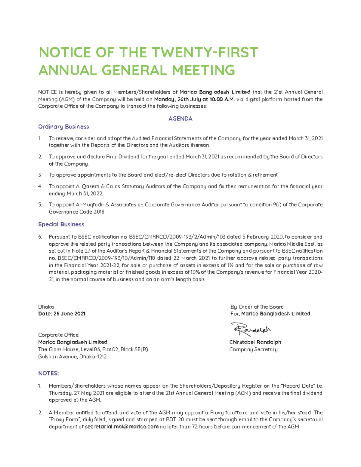 AGM notice - NOTICE OF THE TWENTY-FIRST ANNUAL GENERAL MEETING NOTICE ...