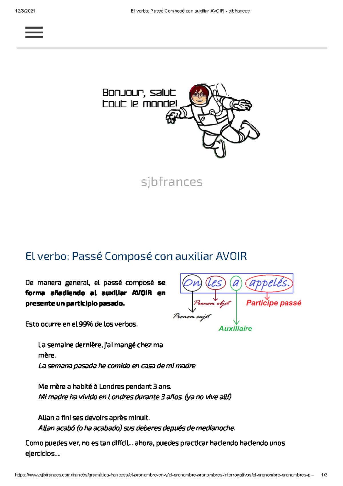 El Verbo Passé Composé Con Auxiliar Avoir - Sjbfrances - 12/8/2021 El ...