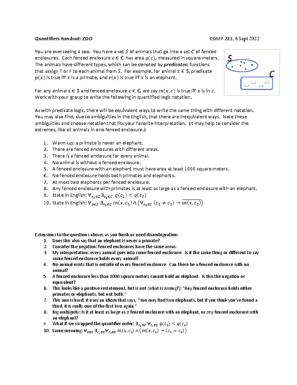 Quant WS - Quantifiers handout: ZOO COMP 283, 8 Sept 2022 You are ...