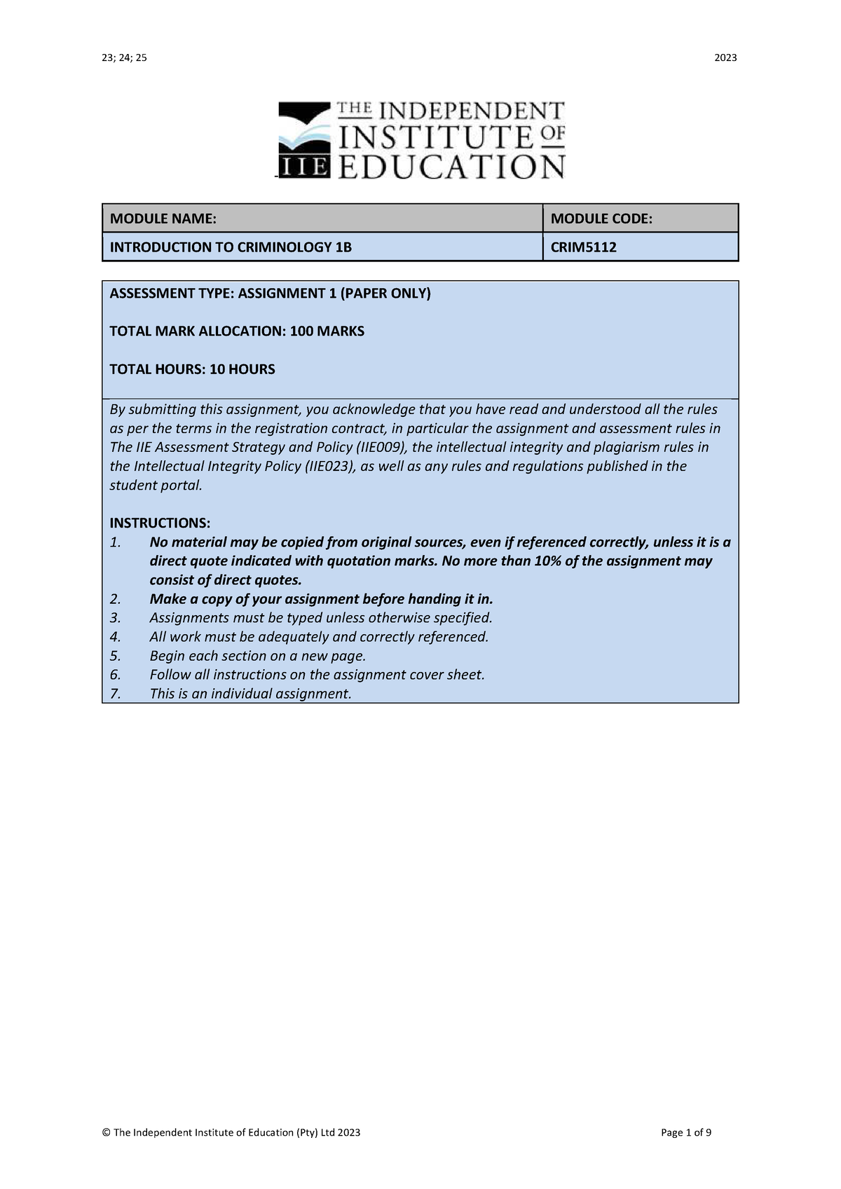 CRIM5112 A1 - Assissgment - MODULE NAME: MODULE CODE: INTRODUCTION TO ...