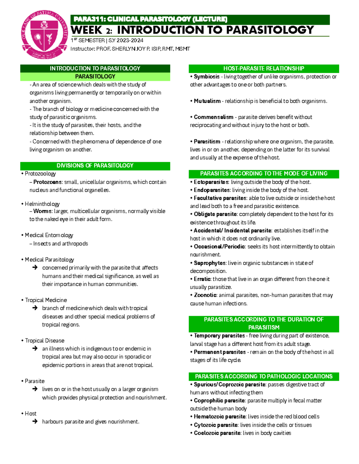 PARA311 LEC notes - PARA311: CLINICAL PARASITOLOGY (LECTURE) WEEK 2 ...