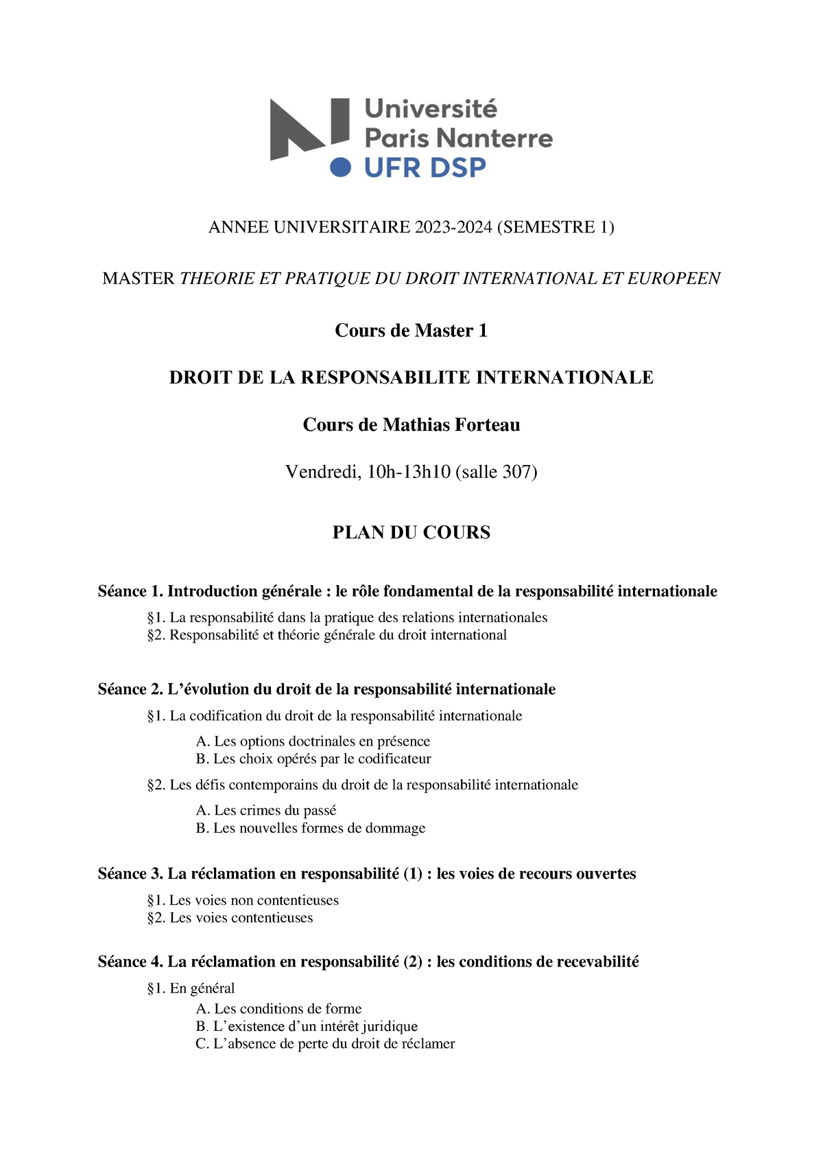 Plan Du Cours De Droit De La Responsabilité (master 1). 2023-2024 ...