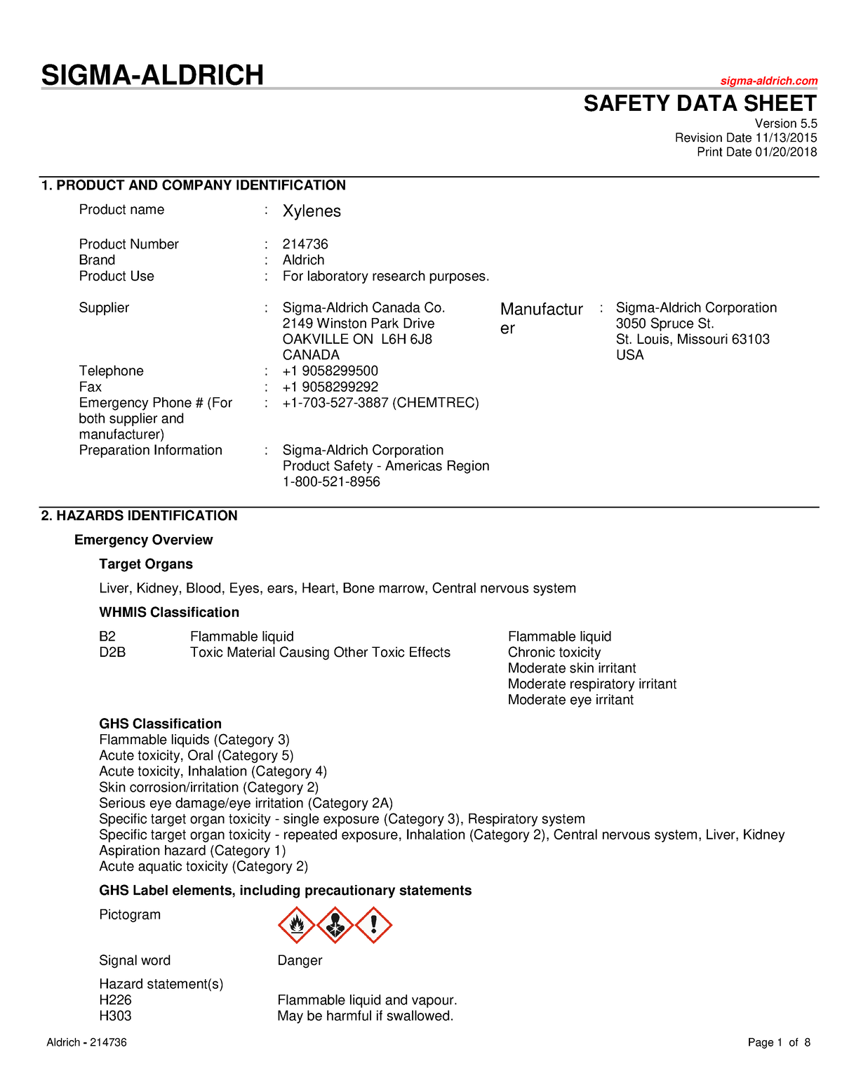 SDS xylenes (Aldrich) W18 - SIGMA-ALDRICH sigma-aldrich SAFETY DATA