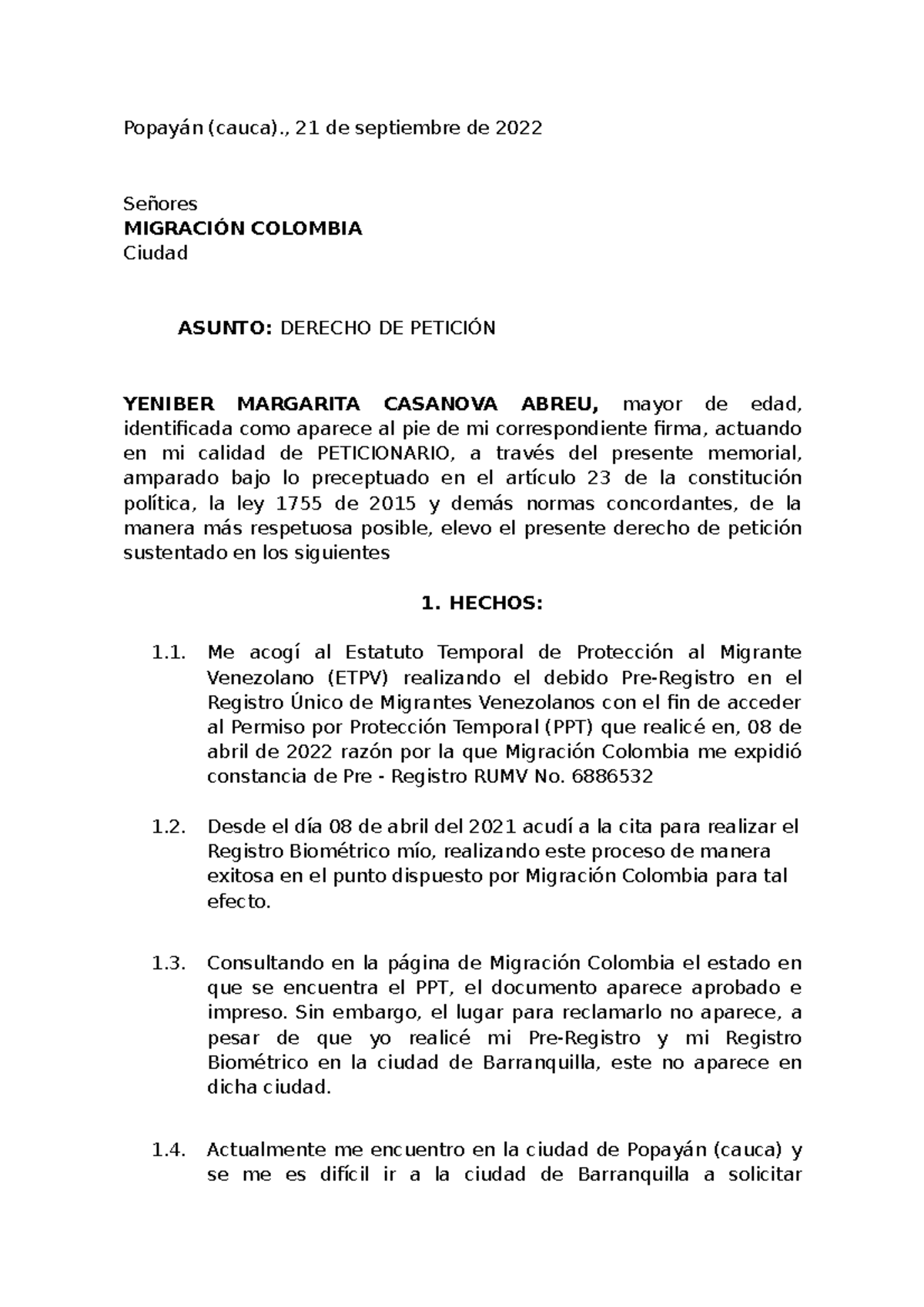 Cambio DE Ciudad PPT Yenniber Margarita Casanova Popayán (cauca)., 21 de septiembre de 2022