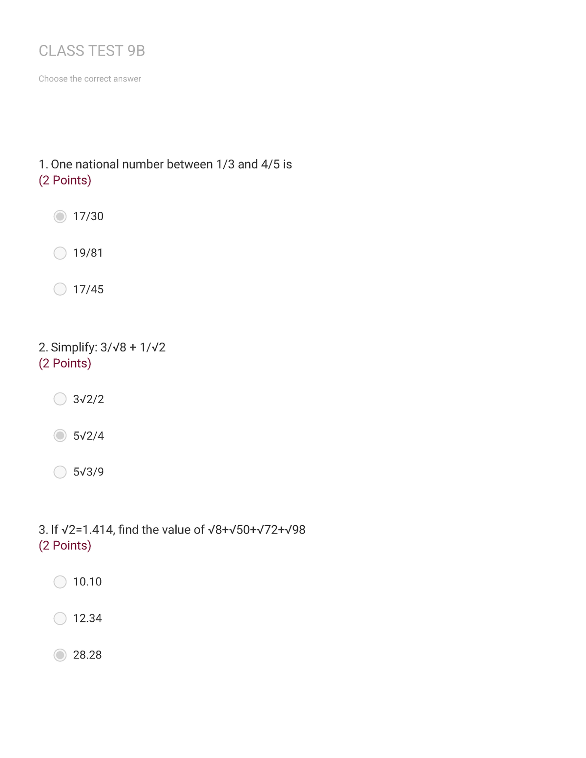 Class TEST 9B( Maths) - CLASS TEST 9B Choose The Correct Answer 1. One ...