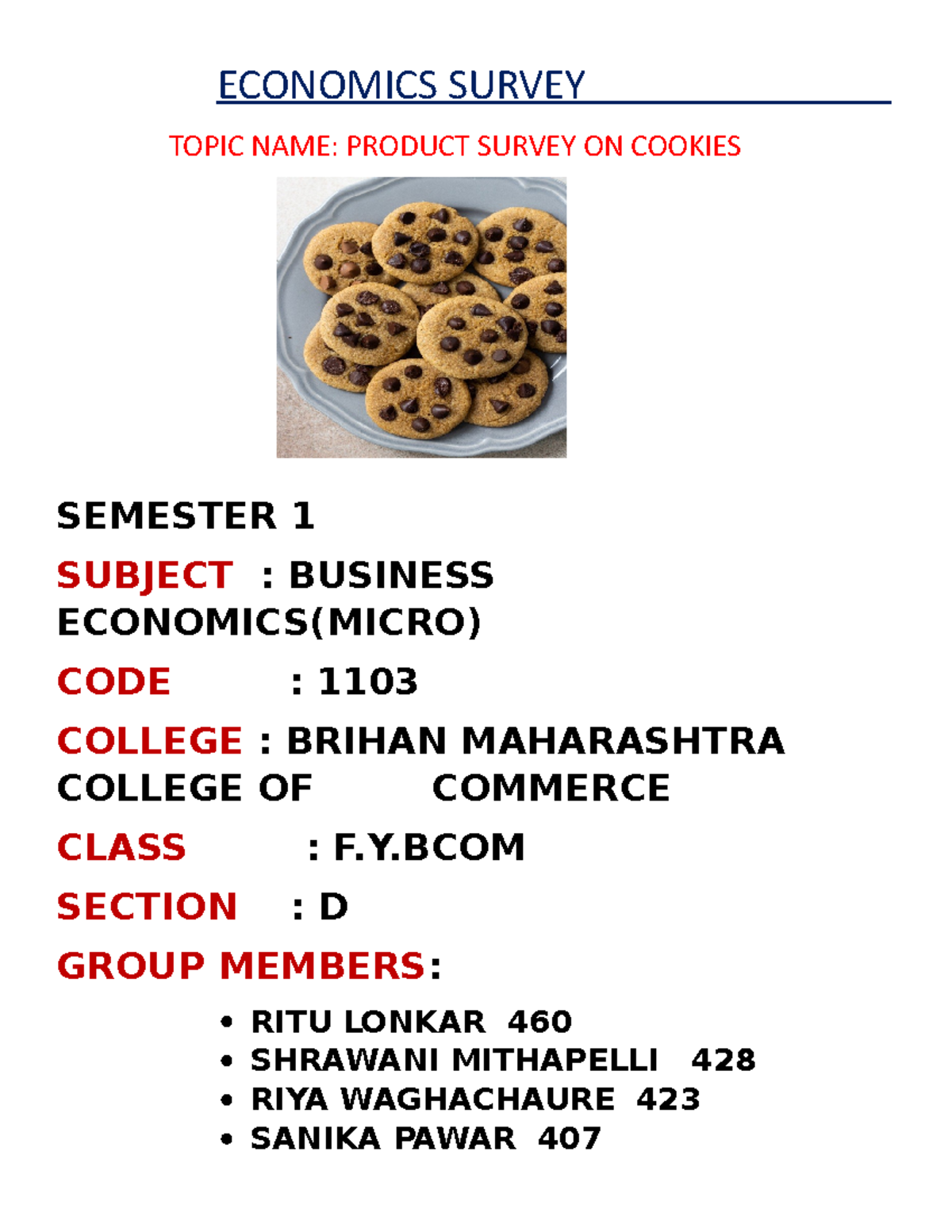 Economics Survey ECONOMICS SURVEY TOPIC NAME PRODUCT SURVEY