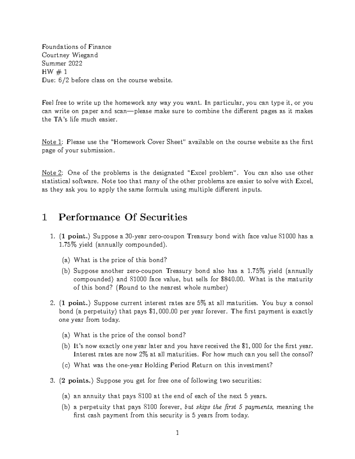 Hw 1 - notes - Foundations of Finance Courtney Wiegand Summer 2022 HW ...