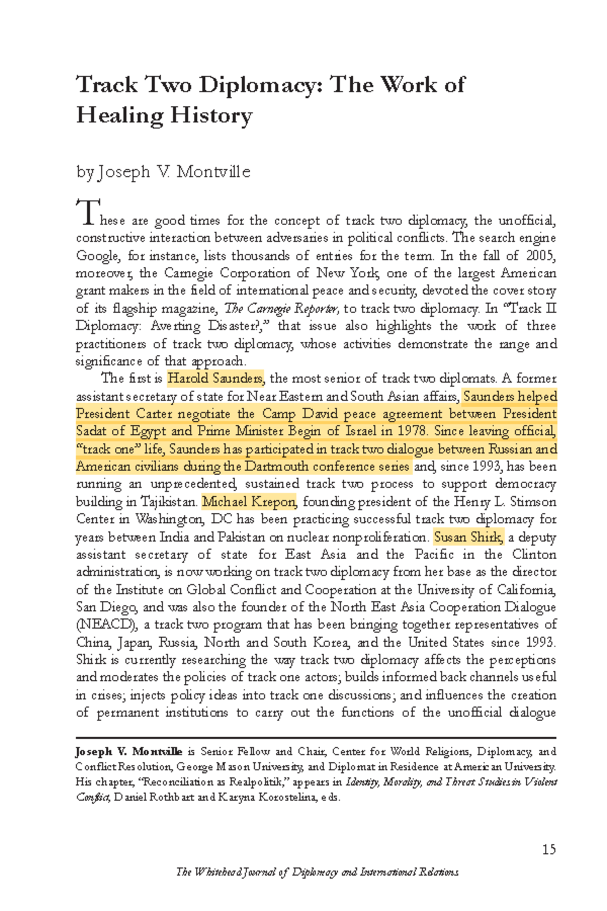 Track Two Diplomacy Montville - The Whitehead Journal of Diplomacy and ...