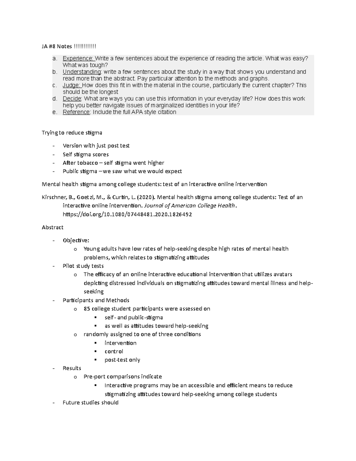 Seminar JA 8 JA 8 JA 8 Notes A Experience Write A 