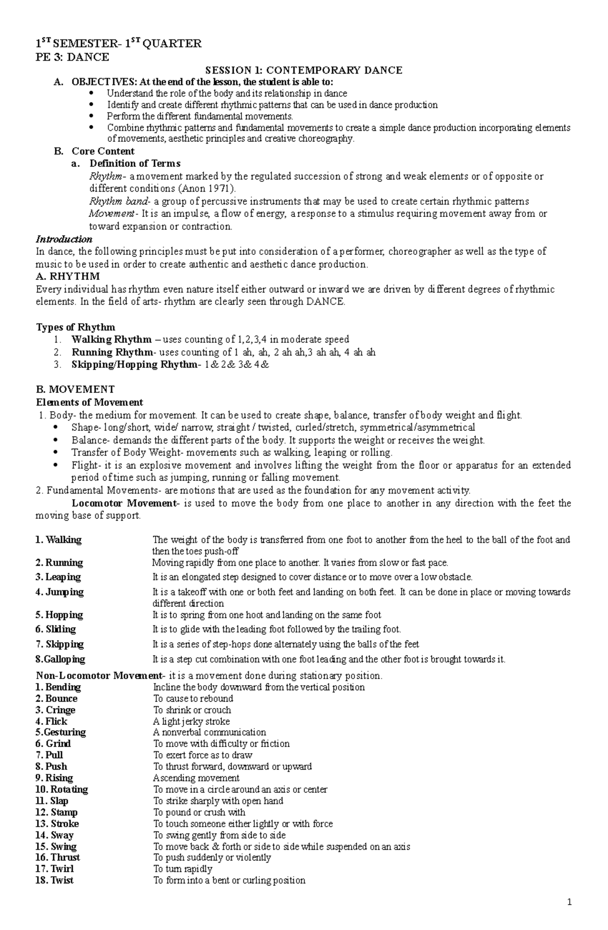 HO.PE - 1 ST SEMESTER- 1ST QUARTER PE 3: DANCE SESSION 1: CONTEMPORARY ...